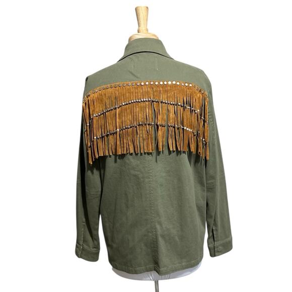 Zara Women Outerwear Metal Studded Army Green Fringe Jacket Western Deco Size L - Picture 5 of 7